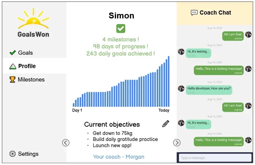 GoalsWon browser mockup showing goals dashboard and coach chat panel