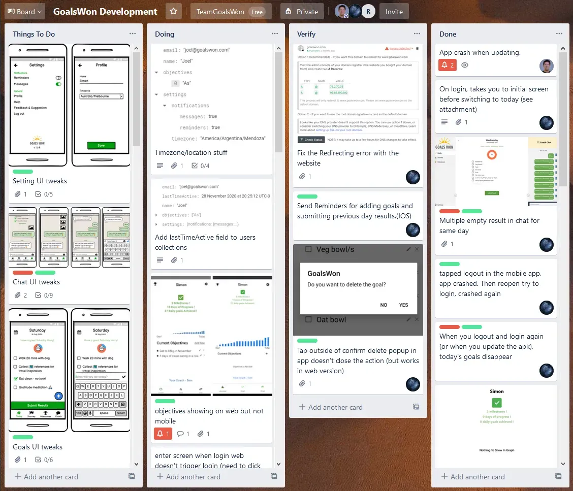 Trello board tracking GoalsWon app development tasks and bugs
