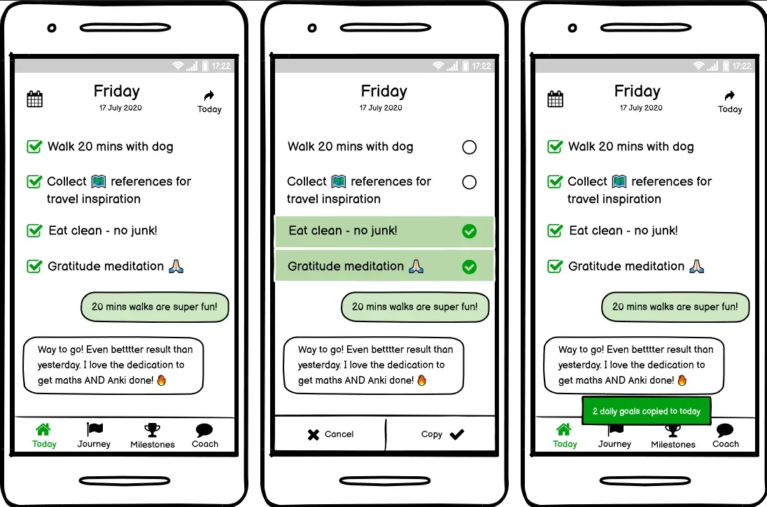 Wireframe mockups of the mobile app daily goals and copy to today flow