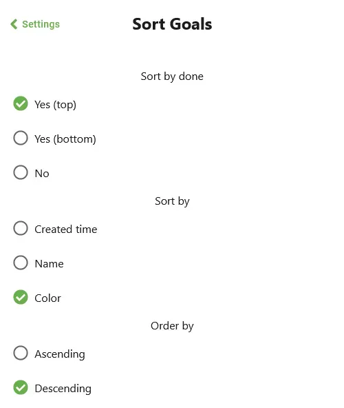 Sort Goals screen with sort-by-done, sort-by and order-by options