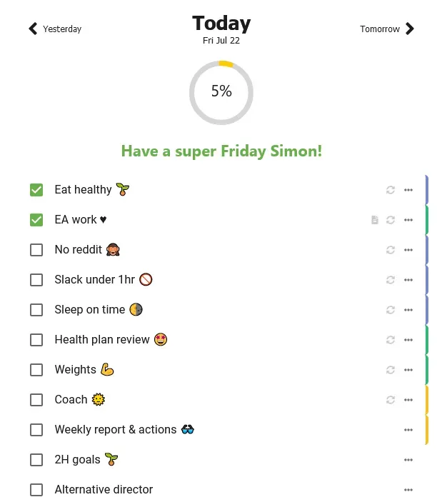 Today's goals list with progress ring and color-coded goals