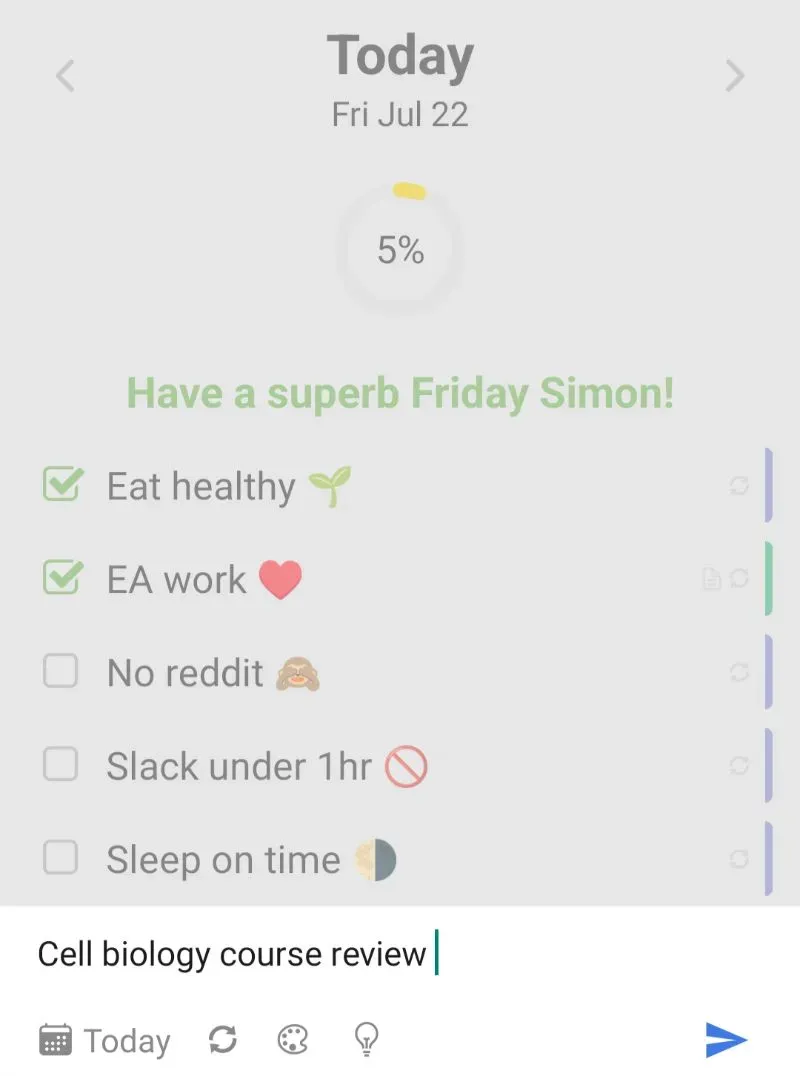 Goals list with a message box open to add a note
