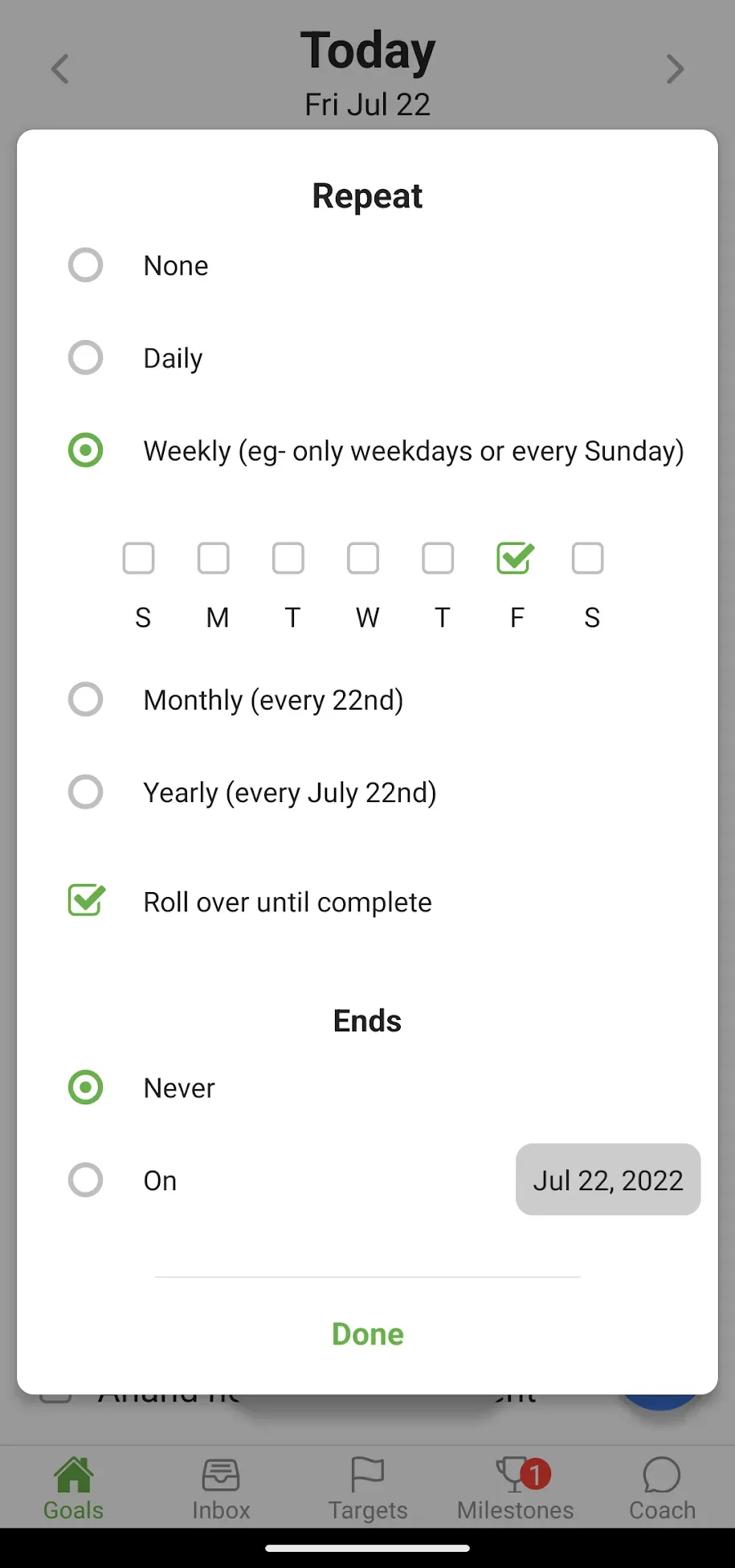 Repeat goal settings with weekly Friday selected and roll-over enabled