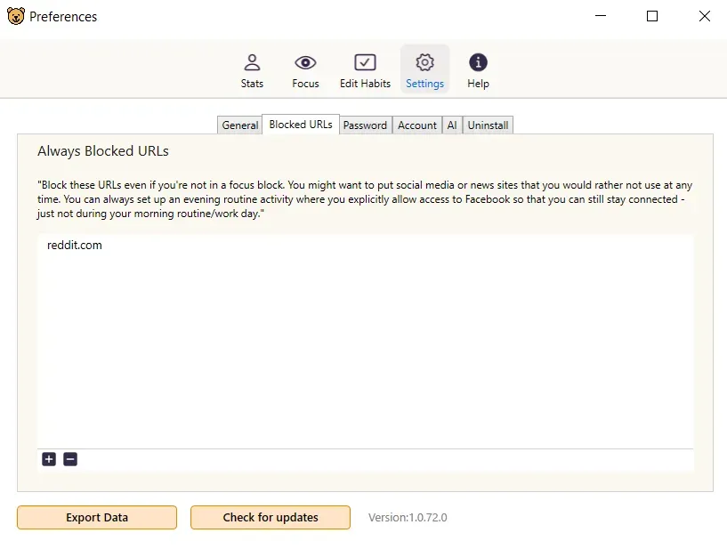 Focus Bear preferences with reddit.com added to the Always Blocked URLs list