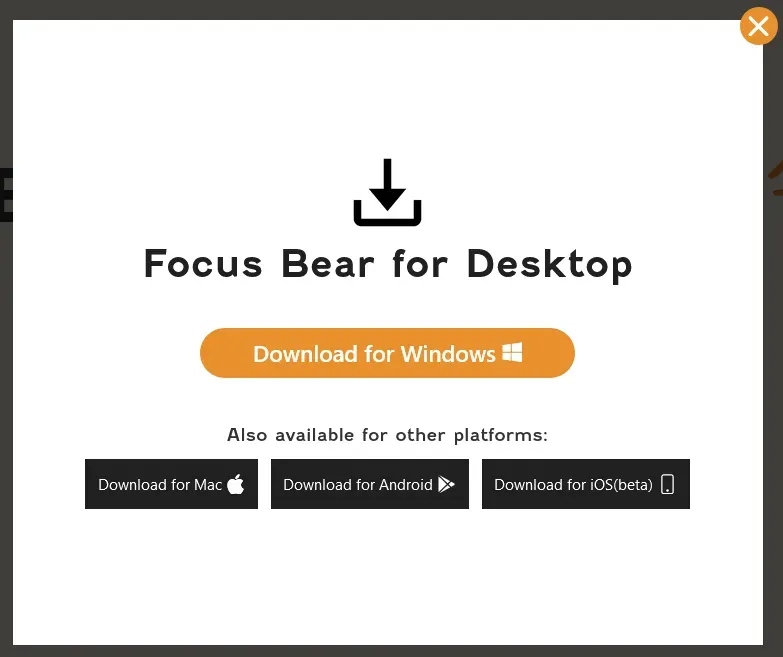 Focus Bear for Desktop download modal with platform options