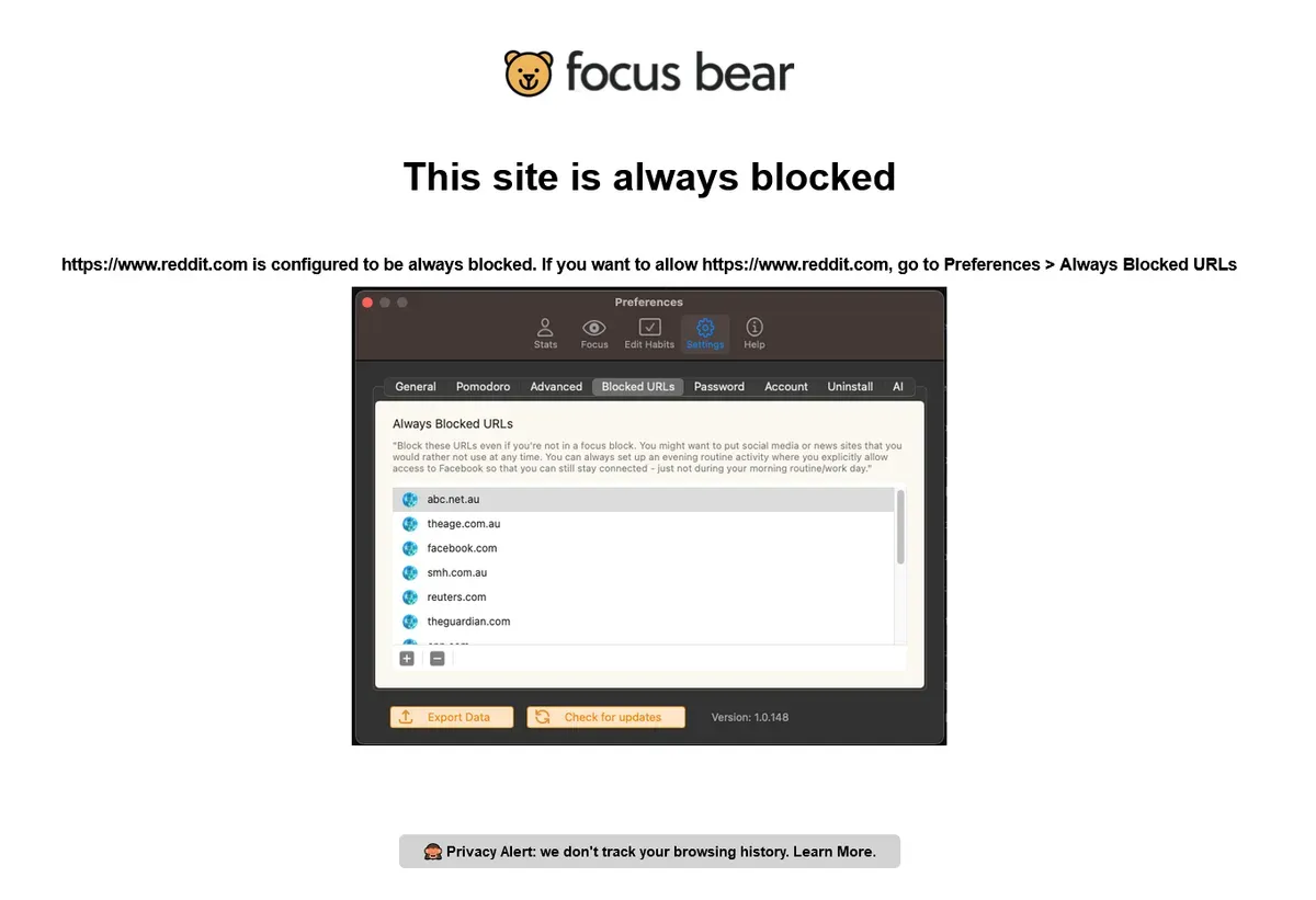 Focus Bear 'this site is always blocked' page shown for reddit.com in Firefox