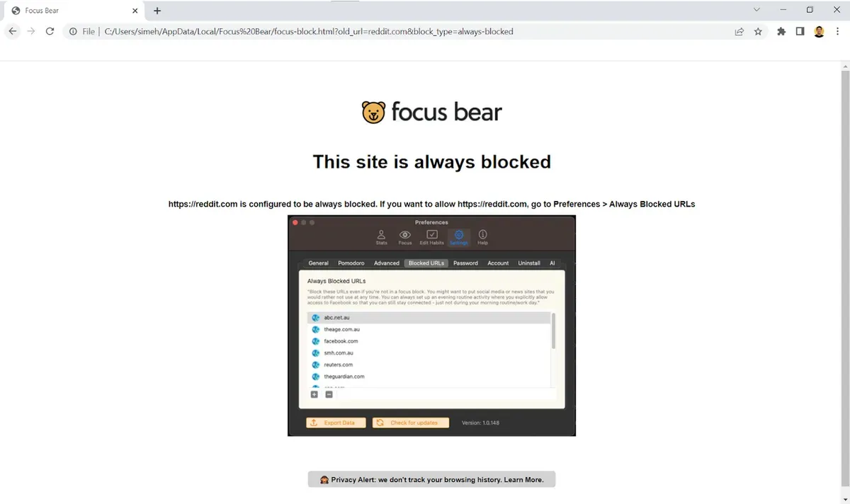 Focus Bear 'this site is always blocked' page shown for reddit.com in Chrome