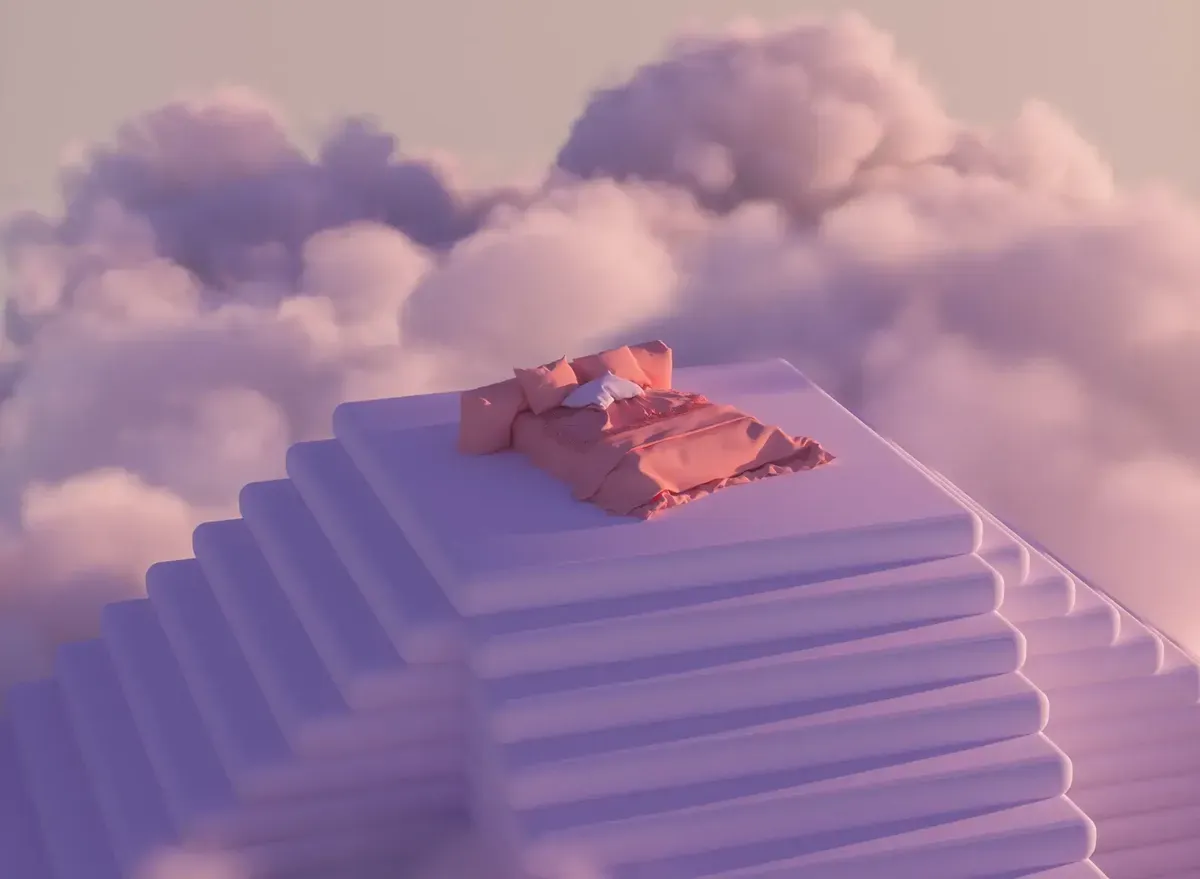 Surreal illustration of a bed perched atop cloud-covered steps