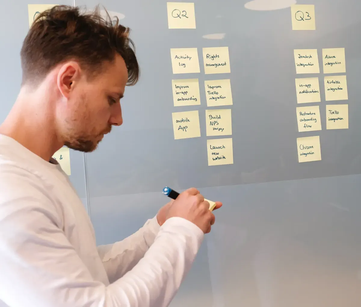 Man planning goals on a sticky-note roadmap board organized by quarter
