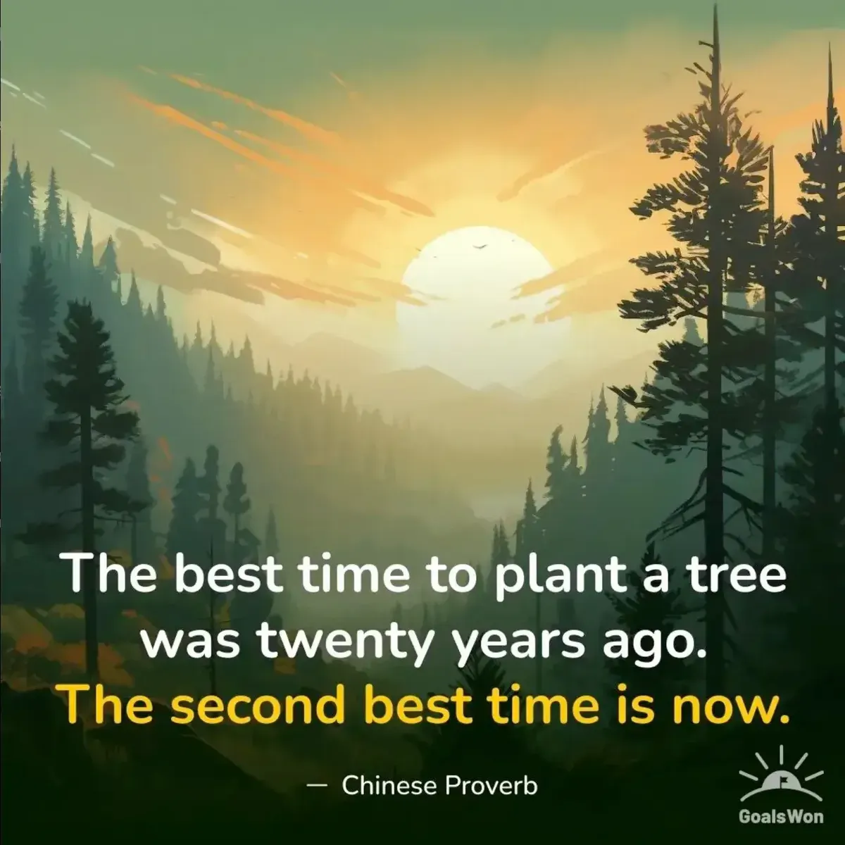 Illustrated forest sunset with a quote about planting a tree now