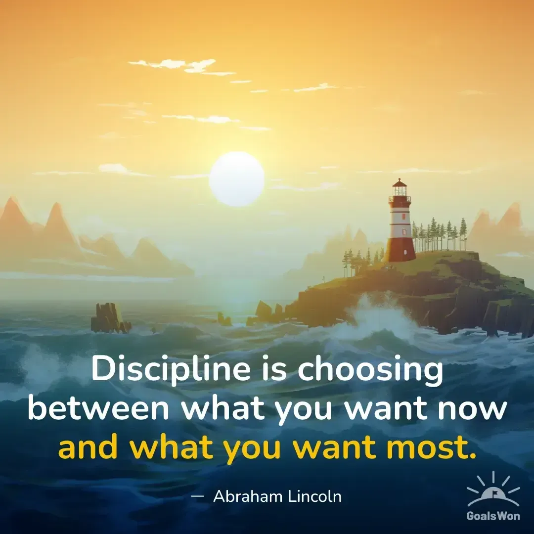 Illustrated lighthouse seascape with a quote on discipline and choice