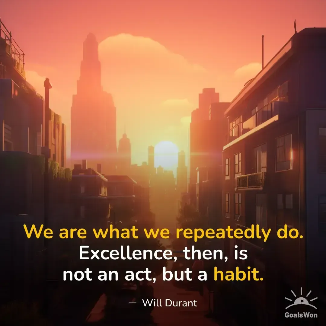 Illustrated city sunset with a quote on habits and excellence
