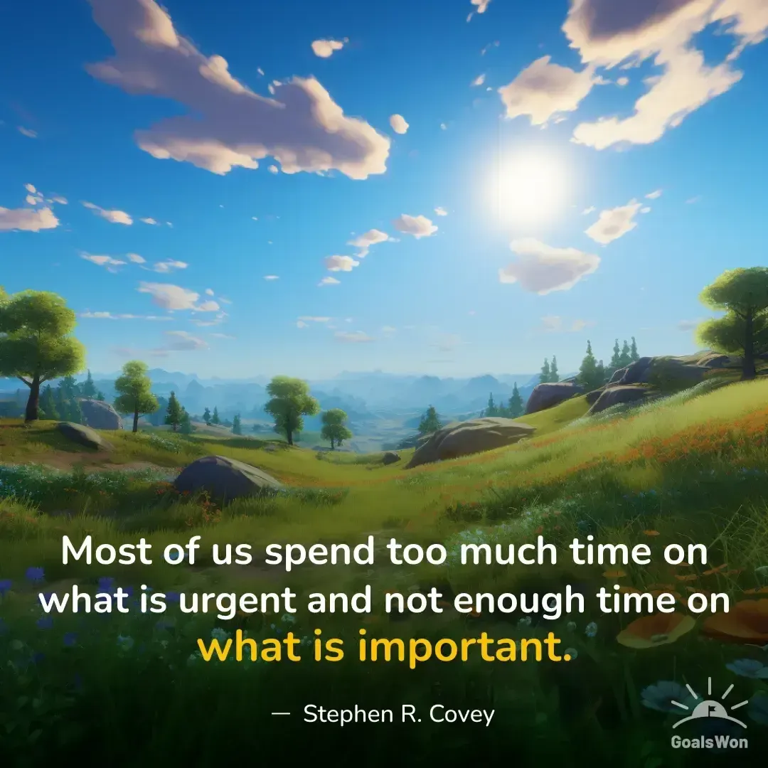 Illustrated meadow landscape with a quote on urgent versus important