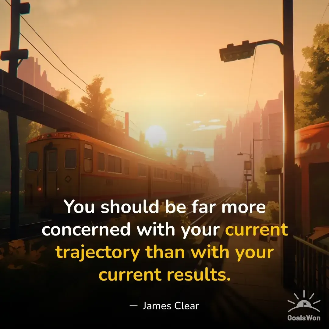 Illustrated train at sunset with a quote on trajectory versus results