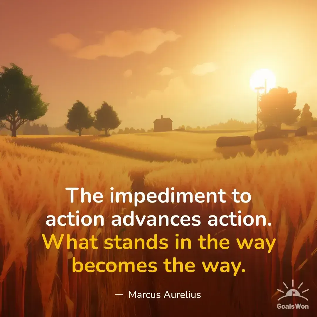 Illustrated wheat field sunset with a quote on obstacles becoming the way