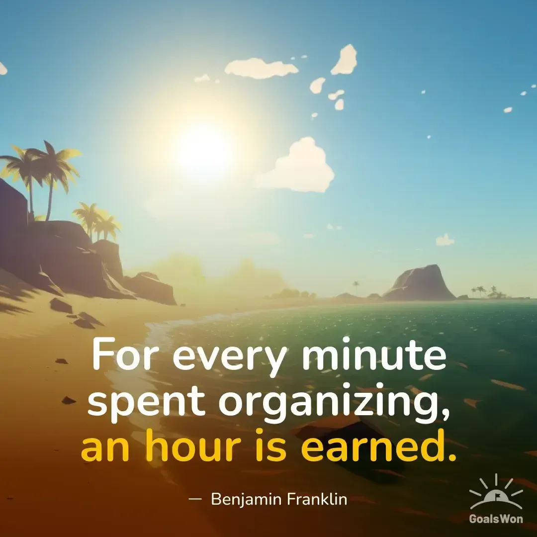 Illustrated tropical beach with a quote about earning time by organizing