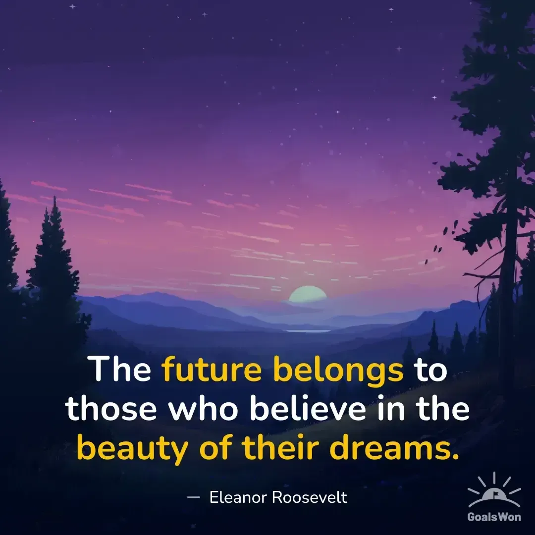 Illustrated mountain sunset with a quote on believing in dreams