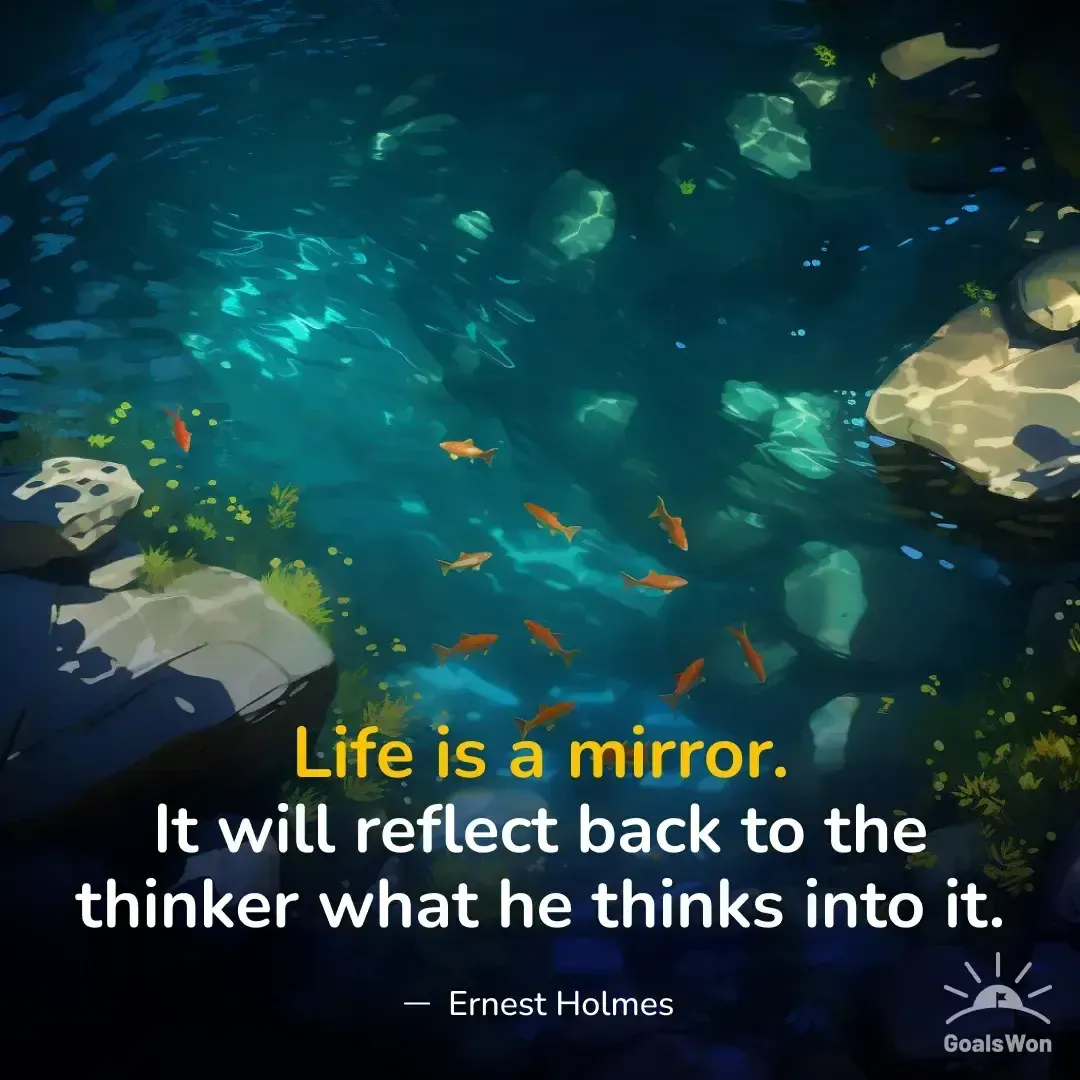 Illustrated underwater scene with fish and a quote about life as a mirror