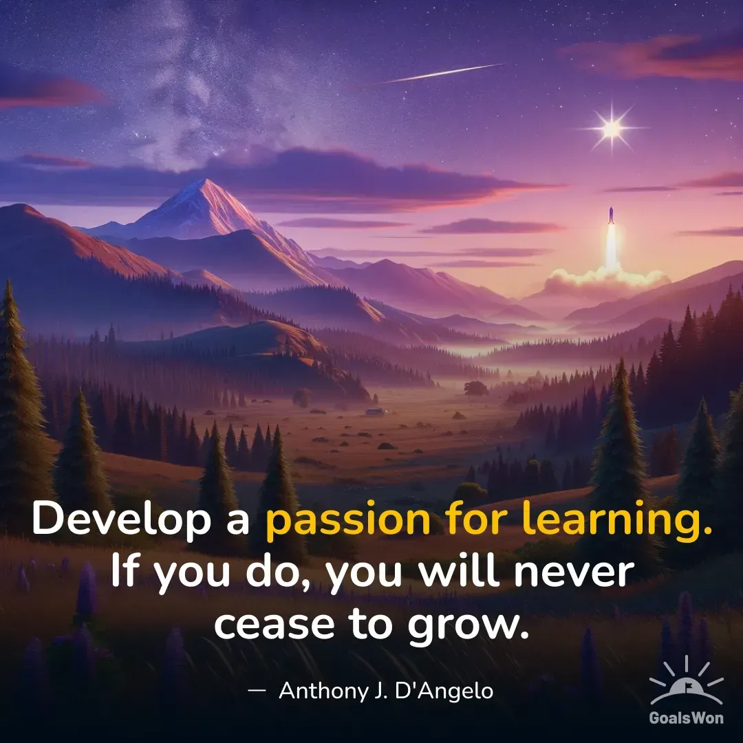 Rocket launching over mountains at dusk with quote about developing a passion for learning