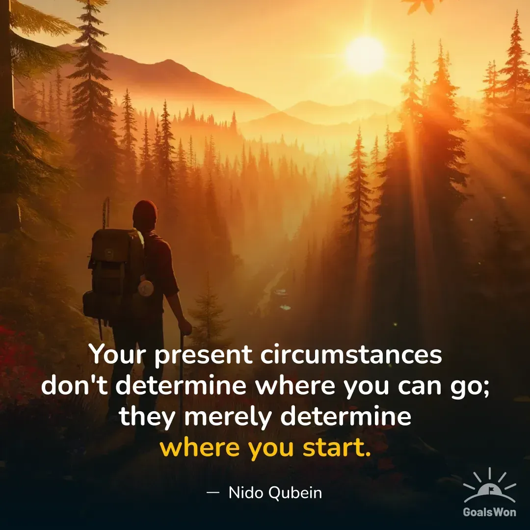 Hiker at a misty mountain sunrise with quote about your starting point