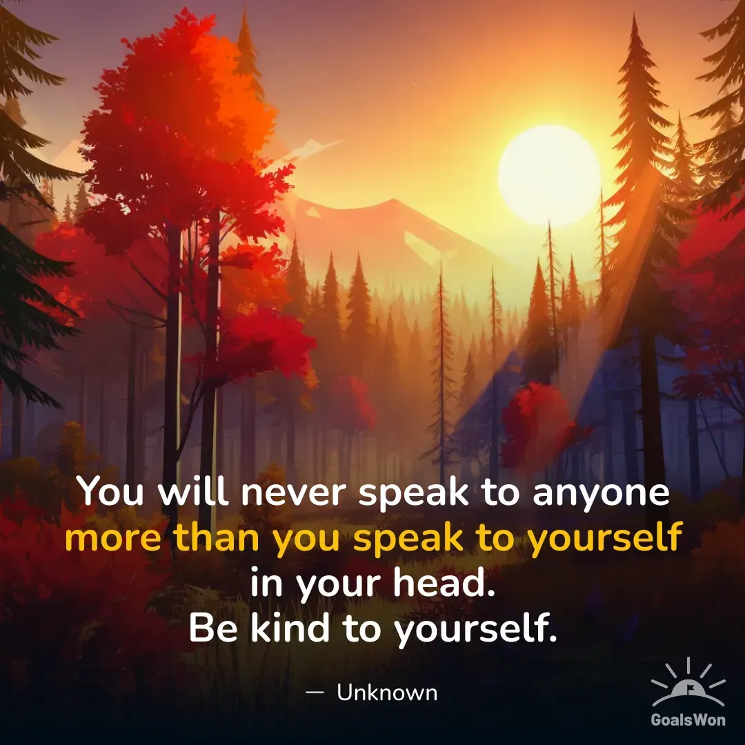 Autumn forest at sunset with quote about speaking kindly to yourself