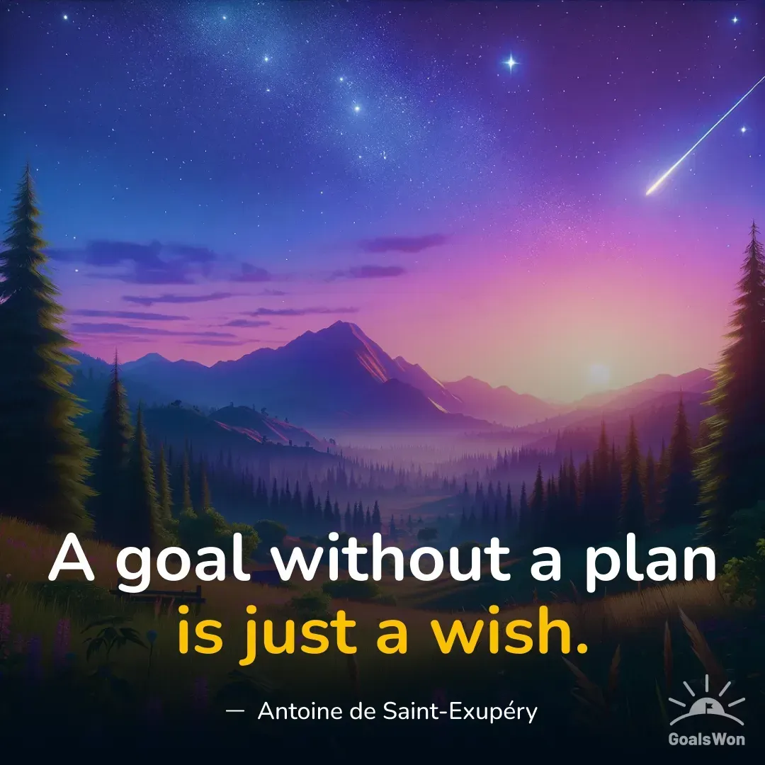 Starry night mountain valley with quote about goals needing a plan