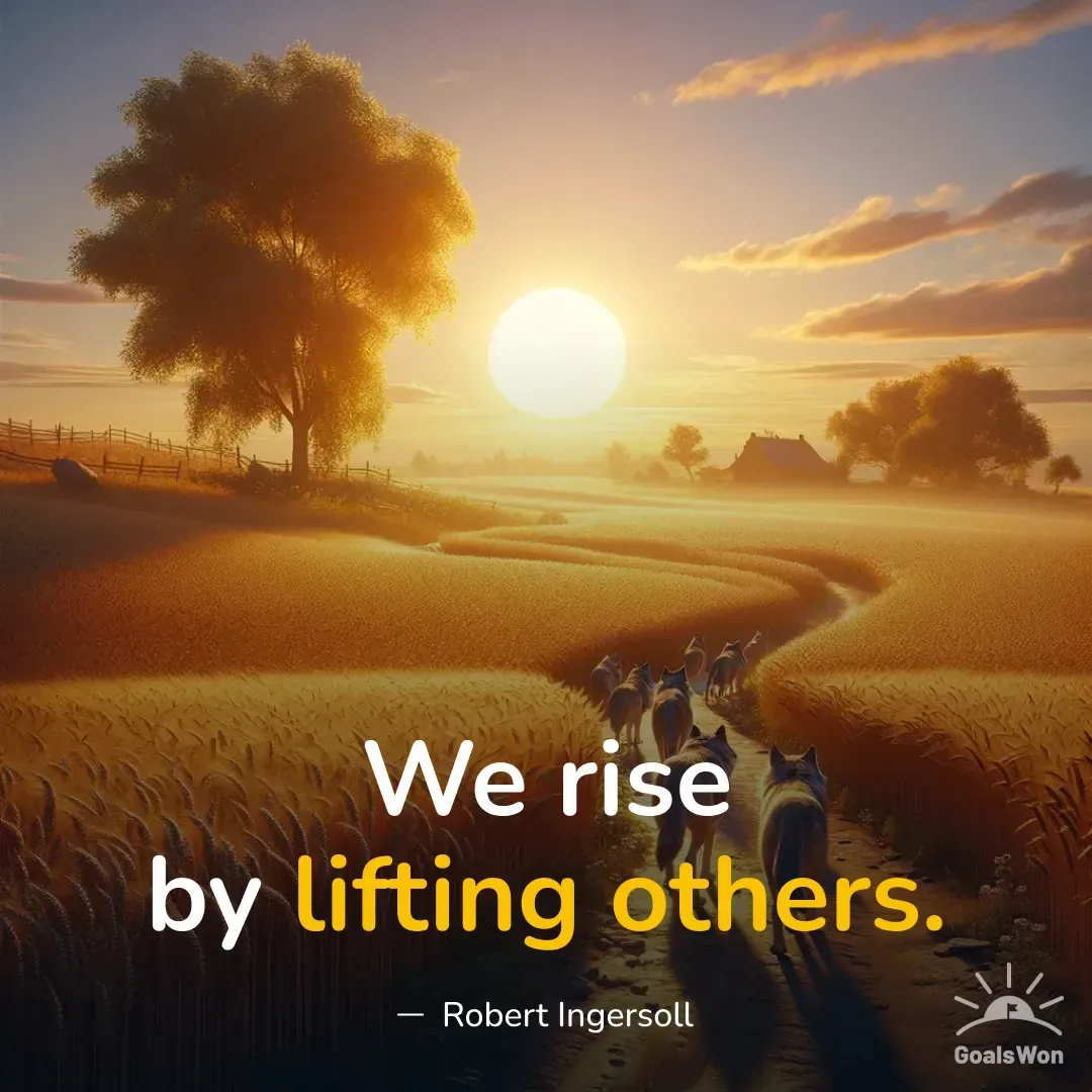 Wolves walking a path through golden fields with quote about lifting others
