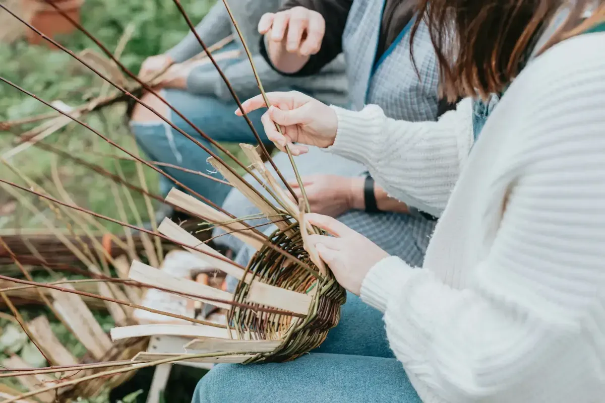 People weaving a basket together from willow branches