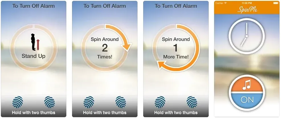 SpinMe Alarm Clock screenshots showing stand up and spin instructions to stop the alarm