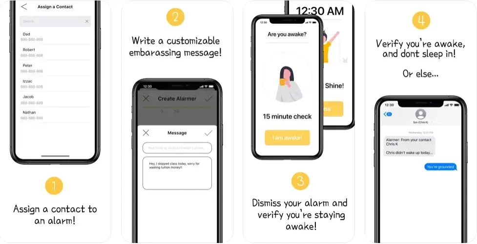 Alarmer app screenshots showing contact assignment, custom message, and wake-up verification