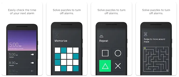 Alarm Clock Puzzle screenshots showing alarm time and memory tile puzzles to dismiss the alarm