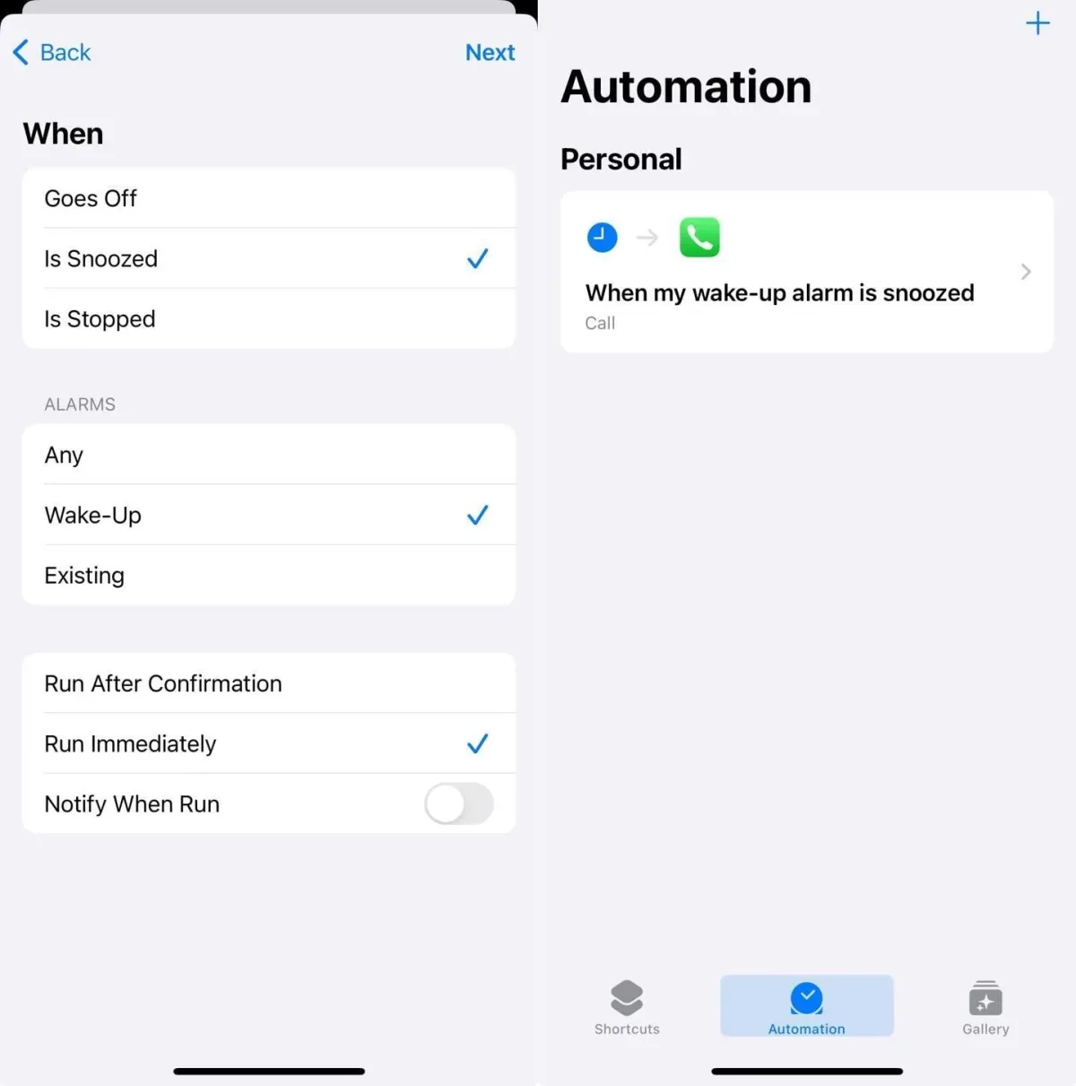 iOS Shortcuts automation screenshots for calling a contact when the wake-up alarm is snoozed