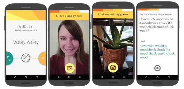 Mimicker Alarm screenshots showing facial expression and tongue twister challenges to dismiss the alarm