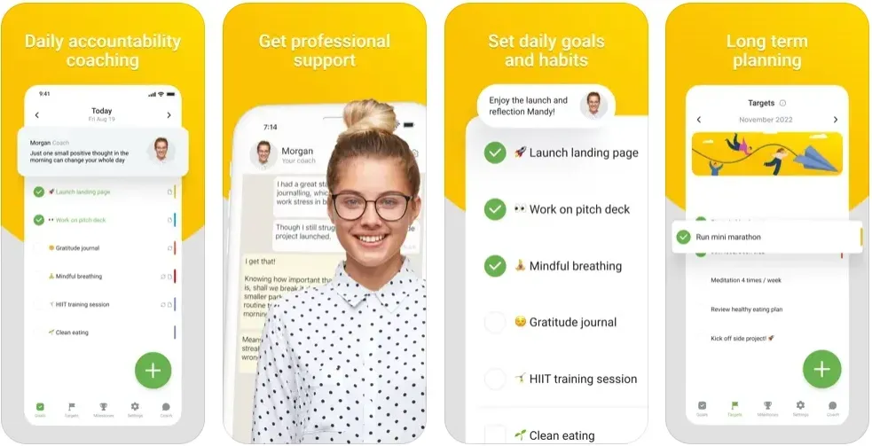 GoalsWon app screenshots showing coach chat, daily goals checklist, and long-term targets