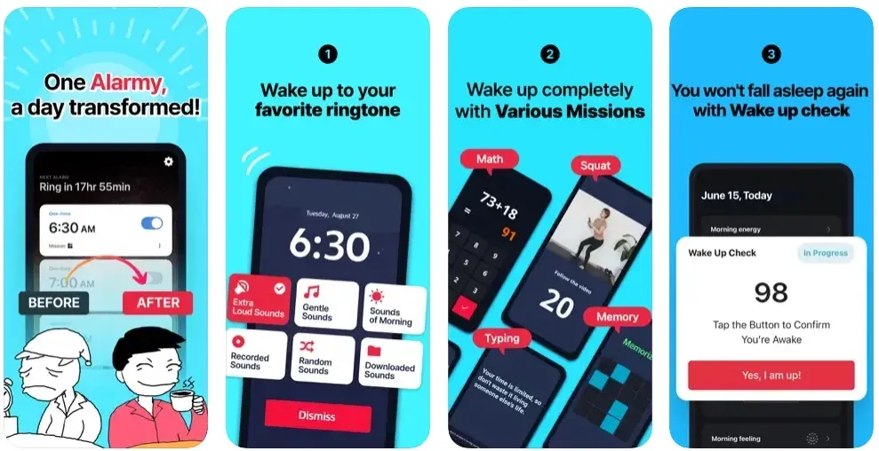 Alarmy app screenshots showing ringtone selection and math and squat wake-up missions