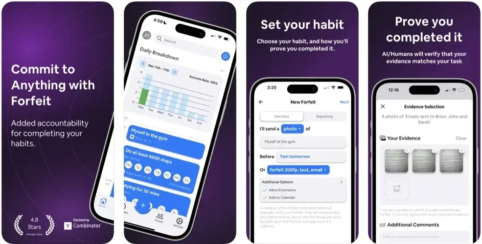 Forfeit app screenshots showing habit commitment, progress chart, and evidence verification