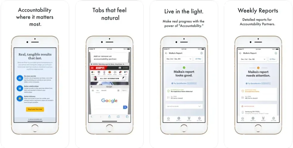 Ever Accountable app screenshots showing accountability results and weekly browsing activity reports