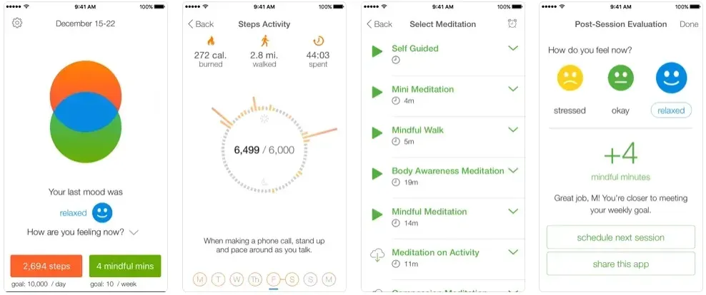 Centered app screenshots showing meditation tracking, step activity, and mood check-in