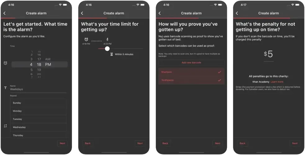 Nuj app screenshots showing alarm setup, barcode proof, and penalty settings