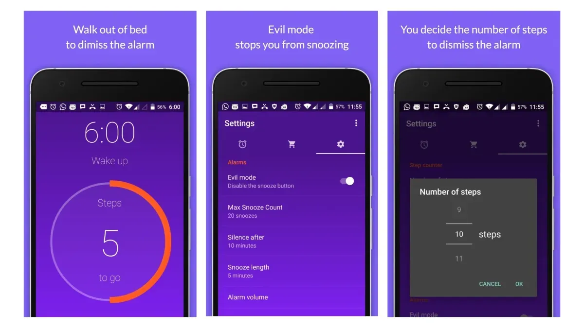 Walk Me Up! Alarm Clock screenshots showing step count and settings to dismiss the alarm
