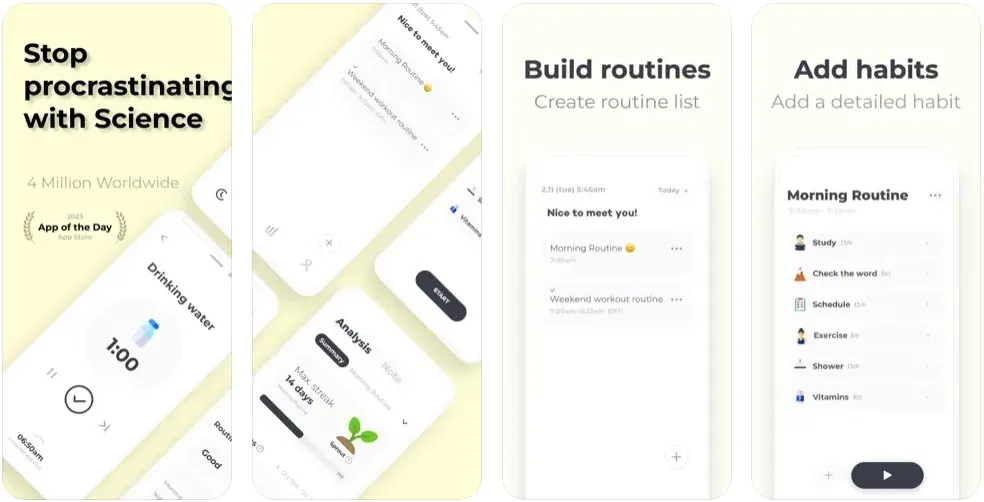 Routinery app screenshots showing the routine list and habit tracking screens