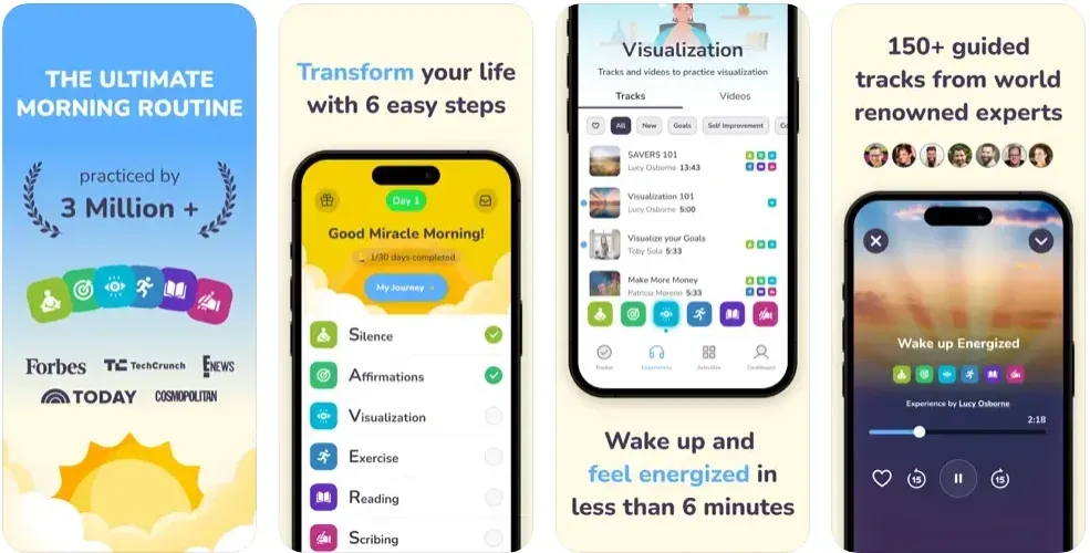 Miracle Morning app screenshots showing routine checklist, visualization tracks, and audio player