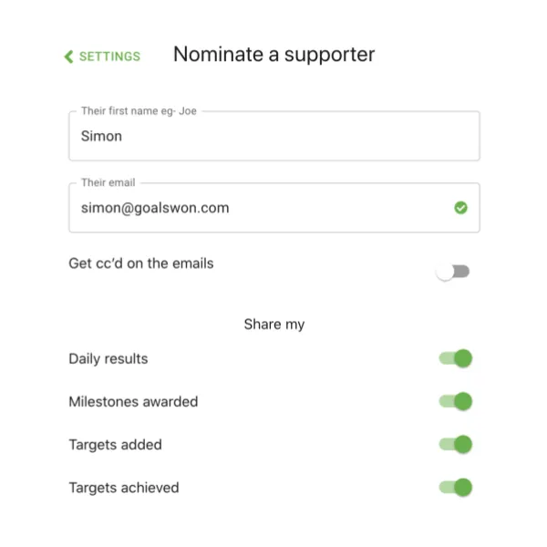Nominate a supporter settings screen